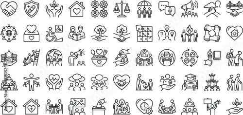 Social Care & Community Line Icon Set – Human Support, Charity, Family and Welfare Symbols
