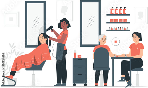 Salon scene with stylist styling a client's hair while others relax and work in the background