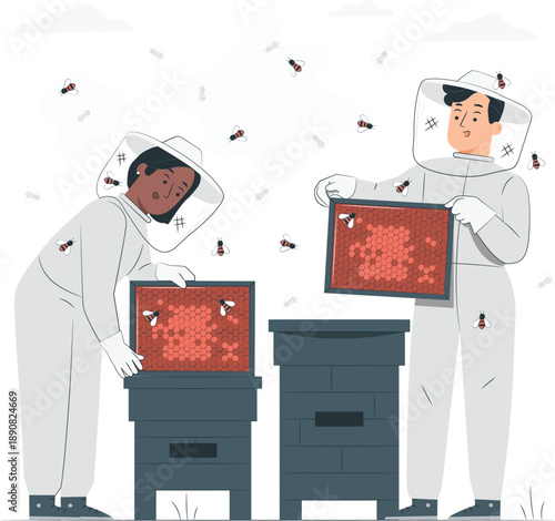 Beekeepers inspect honeycombs and beehives in a serene apiary setting from a safe distance