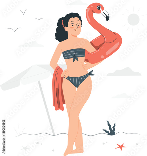 Woman in swimsuit holding inflatable flamingo on beach vacation