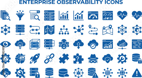 Enterprise Observability Monitoring Outline Icons Vector Set – Metrics Logging Tracing Alert Dashboard Performance Cloud System Uptime Latency Thin Icon Pack UI Web App