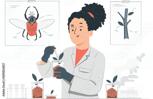 Scientist examining plant specimens in laboratory with botanical illustrations