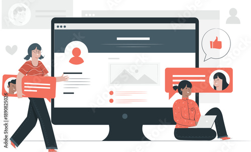 People interacting with a large computer screen displaying a social media profile