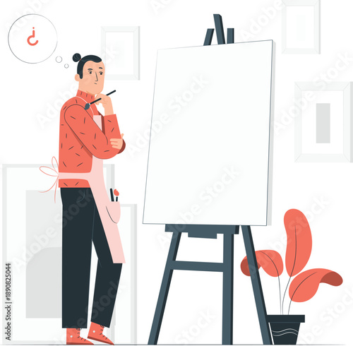 Artist standing beside easel with blank canvas, contemplating creation in a studio with plants nearby