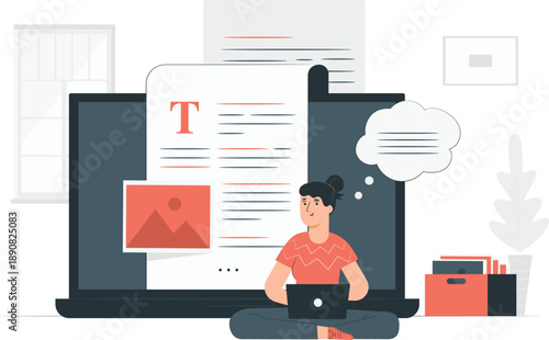 A woman working on a laptop with multiple screens displaying documents and images in a modern workspace