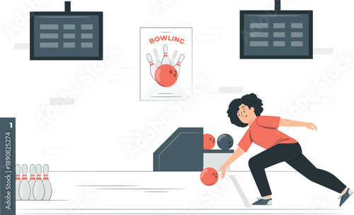 Woman bowling with intense focus in a modern bowling alley from a side viewpoint.