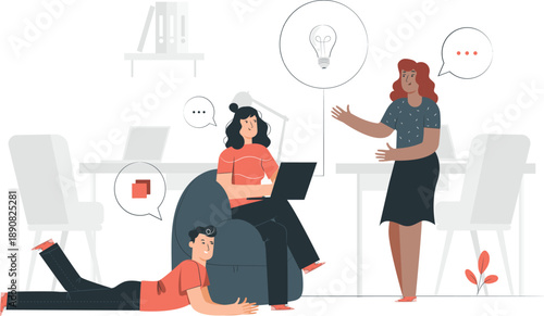 Creative team collaborating on project in modern office space with laptop and idea bubbles surrounding them from various viewpoints