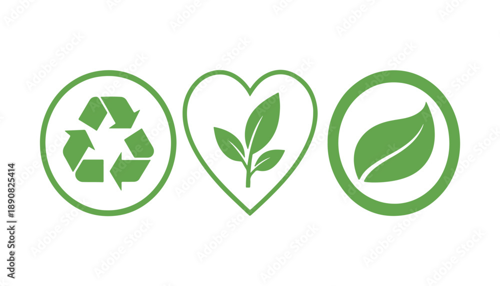 Obraz premium Eco Friendly Green Recycling Icons Set on White Background. Sustainable Environment Icons with Recycle and Leaf Symbols. Green Ecology and Recycling Symbol Collection.