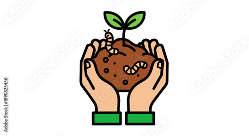 Cartoon illustration of hands cradling a small plant and worm in soil, showing nurturing care and gentle protection