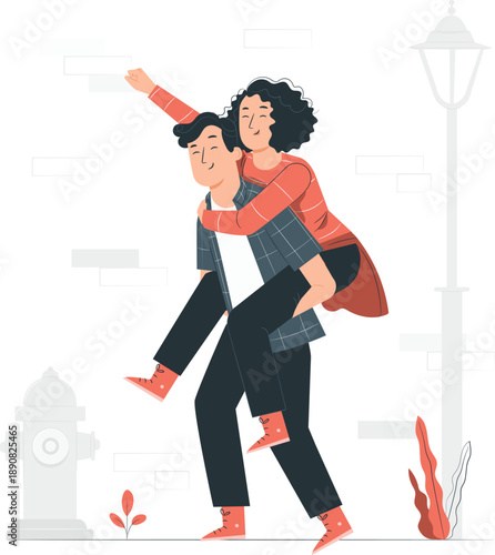 Couple embracing on urban street with streetlamp and fire hydrant in the background, viewed from the side.