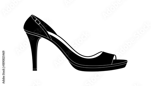 Elegant Black High Heel Shoe Silhouette on White Background. Classic Women’s High Heel Pump Silhouette. Luxury Black Stiletto Heel Shoe Icon.
