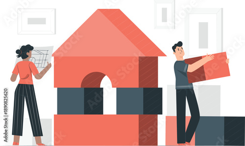 Man and woman constructing a large red house model together with building blocks and blueprints in a modern workspace