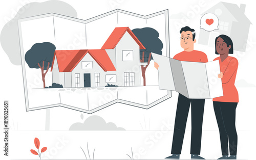 Couple viewing house plans together on a map with trees and red roof house illustration