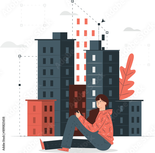 Woman sitting outside modern buildings looking at her phone with a relaxed expression in an urban environment from a high viewpoint