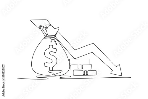 negative financial stocks drop down as economic crisis fall and money income. Profit and lost investment concept. Single line draw design. Vector graphic illustration