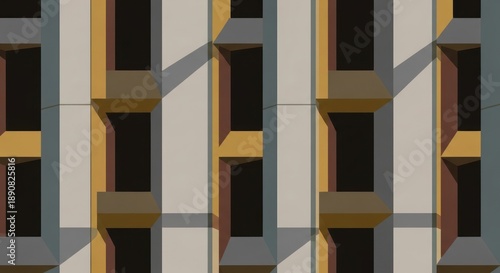 Abstract building facade with repeating windows and colorful geometric design