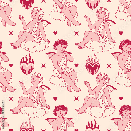 A vintage anti-Valentine's Day concept seamless pattern with fun devil cupids and heart-shaped flames. Features light tones and a coquettecore flirty graphic style.