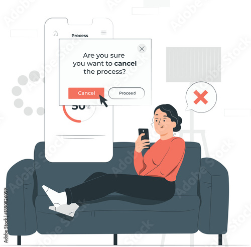 Woman relaxing on a couch, using a mobile phone while a cancel process dialog box appears on screen, depicting a moment of decision in a modern living room setting from a slightly elevated viewpoint