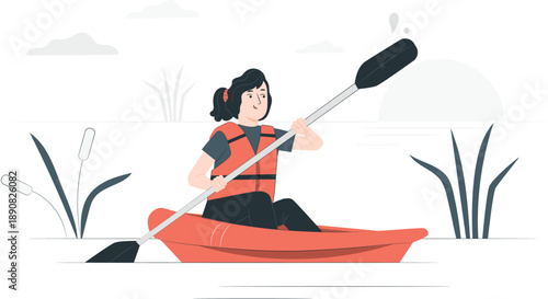 Woman kayaking on serene lake with paddle in hand, surrounded by lush greenery and calm water, viewed from the side.