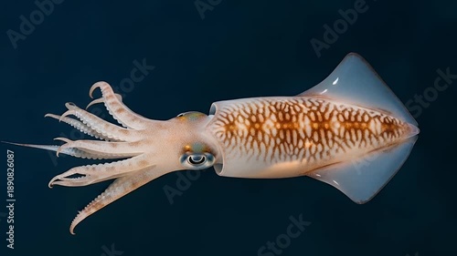 underwater squid with orange brown pattern gliding in blue ocean