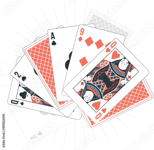 A fan of playing cards arranged in a circular pattern on a white background from a top-down viewpoint