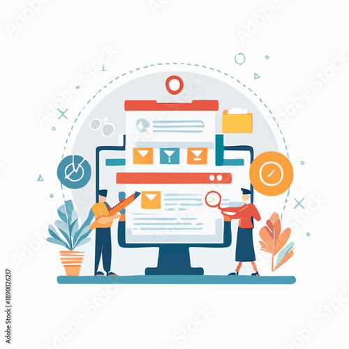 Flat vector illustration of a modern business workflow, minimal line‑art style, neutral colors, clean icons, scalable design, perfect for presentations and infographics, no text, no branding.