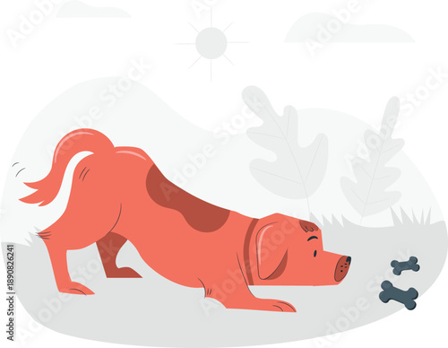 A dog sniffs dog treats outside in a serene natural environment from a side viewpoint