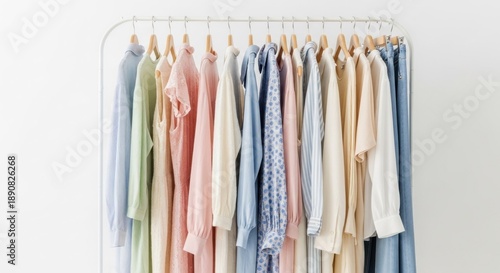 Wallpaper Mural Pastel clothes hanging neatly on a white rack, minimalist aesthetic Torontodigital.ca