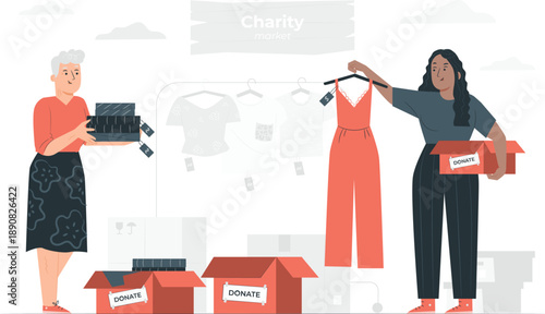 Two women sorting clothing items into boxes in a storage room with various garments and boxes scattered around