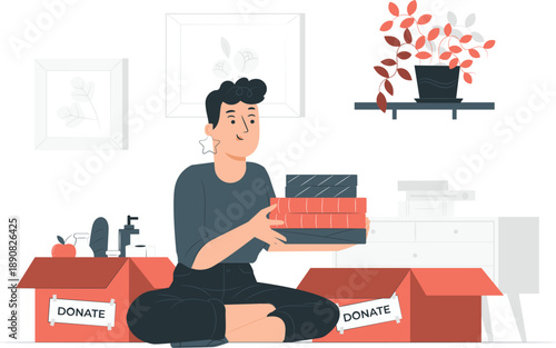 Man donating books from boxes in a cluttered room with various items around