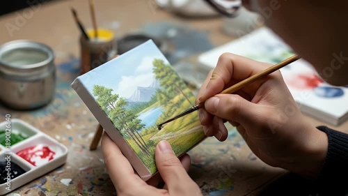 watercolor landscape painting in progress on small card with mountains and trees