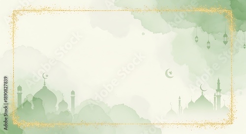 Wallpaper Mural Elegant Islamic watercolor background with mosque silhouettes and golden frame. Torontodigital.ca
