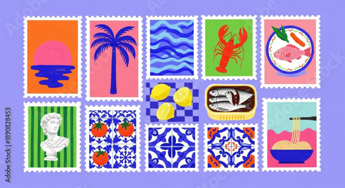Postage Stamps Showcasing Diverse Global Themes and Artistic Designs, Perfect for Travel and Cultural Concepts