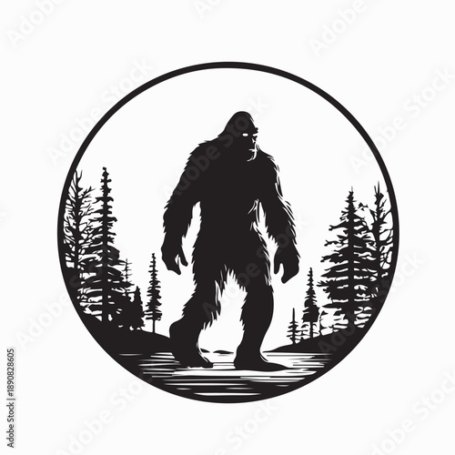Bigfoot Walking among Tall Pine Trees Silhouette Vectoir