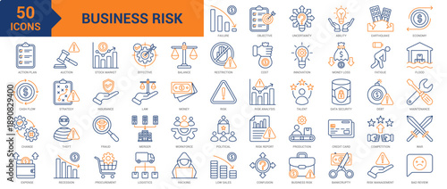 Business Risk colored line icon collection set. Containing competition, war, recession, restriction, hacking, low sales, uncertainty, bankruptcy, risk management, bad review, failure, fraud icons