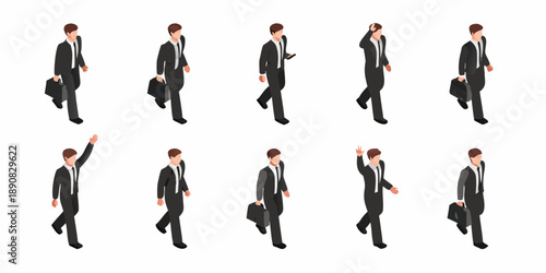 Isometric businessmen walking in different poses with briefcases a repeating pattern