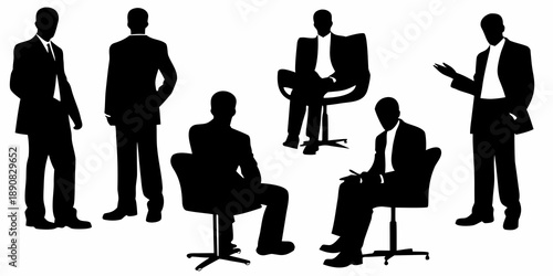 Silhouettes of business people in various poses discussing and collaborating
