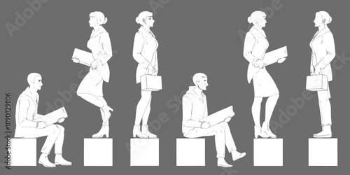 Figures in suits and casual wear posed on white blocks grayscale illustration