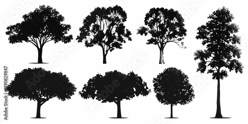 Collection of black silhouette trees with varying shapes and foliage density