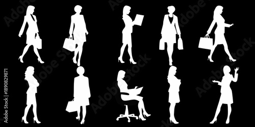Silhouettes of women in business attire walking and carrying shopping bags