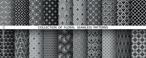 Geometric floral set of seamless patterns. Gray and black vector backgrounds. Damask graphic ornaments