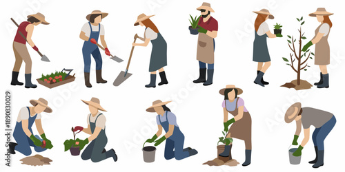 People gardening a collection of illustrations showing various planting activities