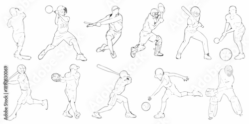 Line art illustration of baseball players in various action poses and stances
