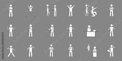 Stick figures in various poses against a gray background showing diverse actions