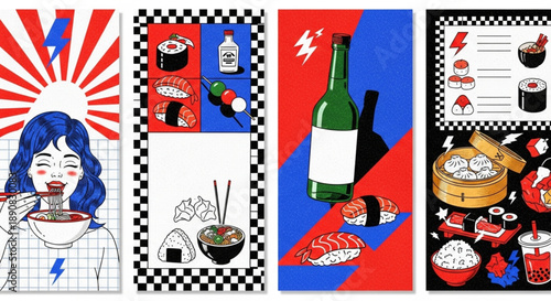Japanese Cuisine A Dynamic Collection Showcasing Sushi, Ramen, and Traditional Delicacies in Modern Artistic Scenes