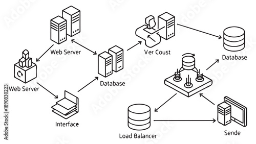 Line Art IT Network Architecture Diagram with Servers and Databases