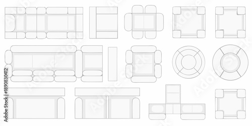 Top view of various sofa and seating arrangement outlines in neutral tones