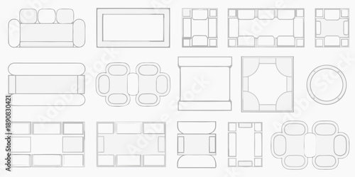 Top down views of furniture layouts and arrangements in a minimalist style
