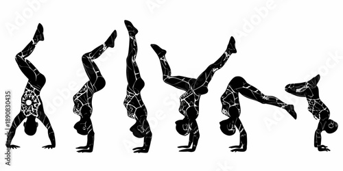 A series of silhouetted figures performing handstands and acrobatic poses