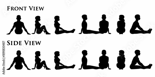 Silhouettes demonstrating various yoga poses front and side views